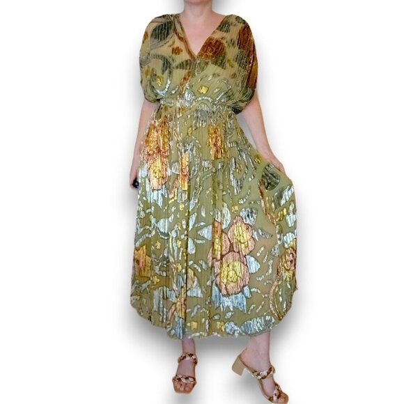 CO. Hand Painted Watercolor French Velvet Pleated Midi Dress - Picture 3 of 10
